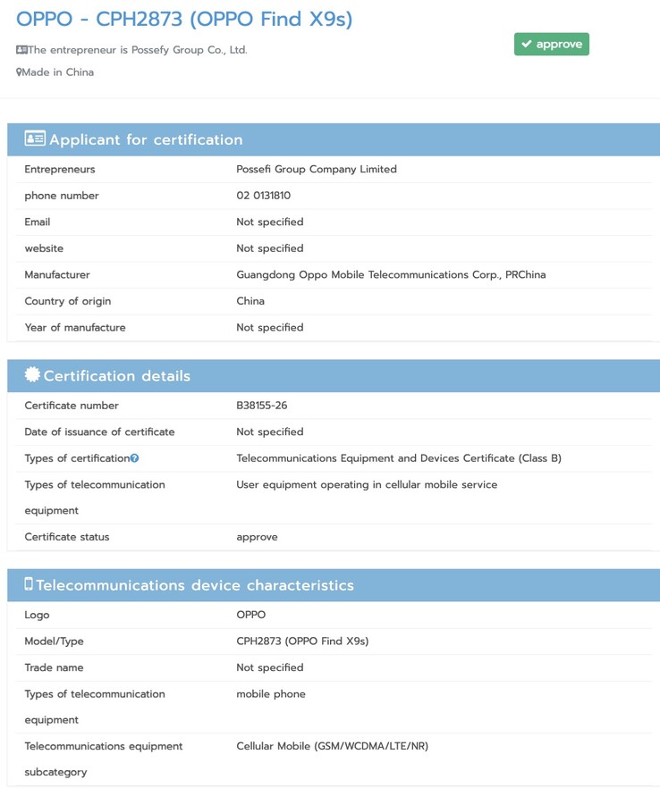 Oppo Find X9s przechodzi certyfikację NBTC.