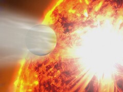 Ilustracja artystyczna przedstawiająca gwiazdę pochłaniającą planetę.
