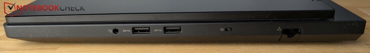 Po prawej: gniazdo słuchawkowe 3,5 mm, 2 × USB-A (5 Gb/s), migawka kamery internetowej, LAN