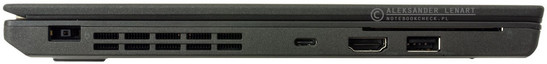 lewy bok: gniazdo zasilania, wylot powietrza z układu chłodzenia, USB 3.1 typu C, HDMI, USB 3.0, czytnik kart inteligentnych