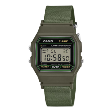 Casio F-91WF-3A z oliwkowo-zielonym paskiem z tkaniny.