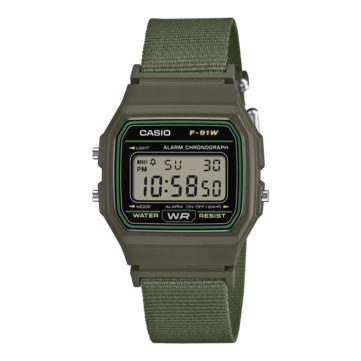 Zegarek cyfrowy Casio F-91WF-3A z czarną kopertą z zielonymi akcentami oraz plecionym paskiem z zielonej tkaniny.