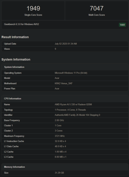 Zestawienie Geekbench Ryzen AI 5 330 (źródło obrazu: Geekbench)
