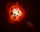 Ilustracja przedstawiająca czerwonego karła i planetę.