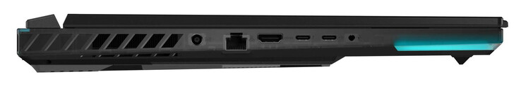 Lewa strona: zasilanie, Gigabit Ethernet (2,5 Gbit), HDMI, Thunderbolt 4 (USB-C; DisplayPort, G-Sync), USB 3.2 Gen 2 (USB-C; Power Delivery, DisplayPort), port combo audio