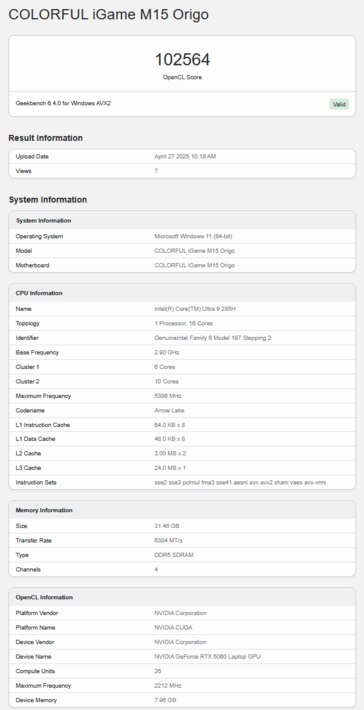 Wynik Geekbench OpenCL laptopa RTX 5060 (źródło obrazu: Geekbench)