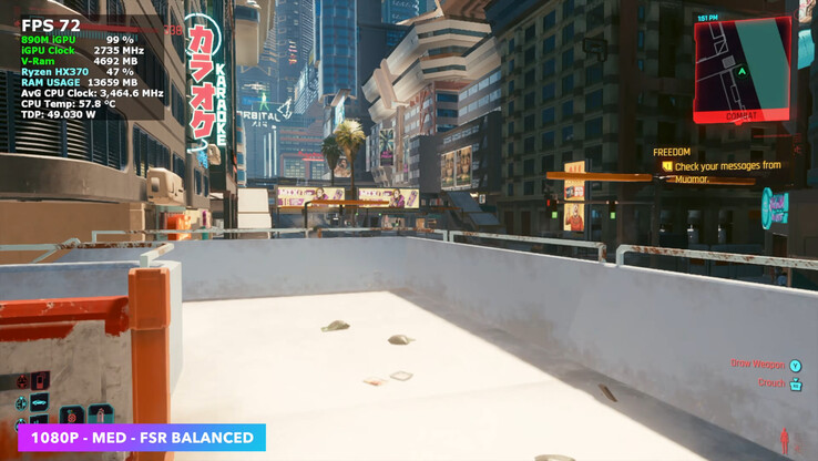 Cyberpunk 2077 działa stabilnie przy średnio 70 FPS na średnich ustawieniach z FSR Balanced na AceMagic Retro X5.