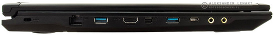 lewy bok: zaczep na linkę blokady Kensingtona, LAN, USB 3.0, HDMI, mini DisplayPort, USB 3.0, USB 3.1 typu C, dwa gniazda audio