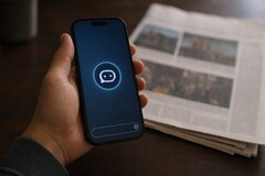 Ręka trzyma smartfon z ikoną chatbota, a obok niego leży wydrukowana gazeta.
