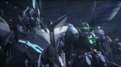 Zrzut ekranu z Mecha Break przedstawiający mechy gotowe do walki