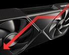 Procesor graficzny Nvidia RTX 5090 ze strzałką skierowaną w dół, wskazującą spadek wydajności.