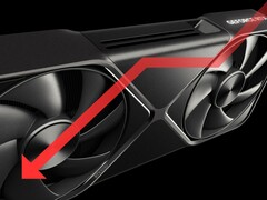 Procesor graficzny Nvidia RTX 5090 ze strzałką skierowaną w dół, wskazującą spadek wydajności.
