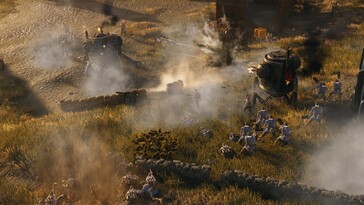 Ilustracja przedstawiająca bitwę w grze „Iron Harvest”.