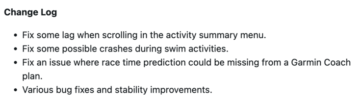 Dziennik zmian oprogramowania Garmin Forerunner 255 w wersji 27.09. (Źródło obrazu: Garmin)