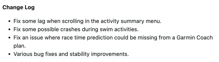 Dziennik zmian oprogramowania Garmin Forerunner 255 w wersji 27.09. (Źródło obrazu: Garmin)
