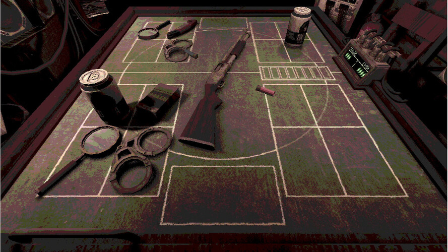 Zrzut ekranu z Buckshot Roulette przedstawiający losowe przedmioty w grze. (Źródło obrazu: Steam)