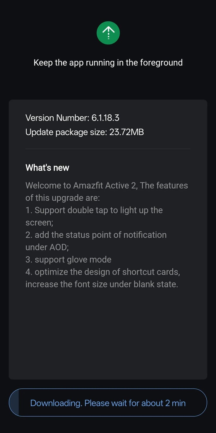 Informacje o wydaniu oprogramowania w wersji 6.1.18.3 dla Amazfit Active 2. (Źródło obrazu: u/cliffr39 via Reddit)
