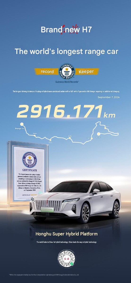 Certyfikat Guinnessa potwierdzający rekord serii Hongqi H7