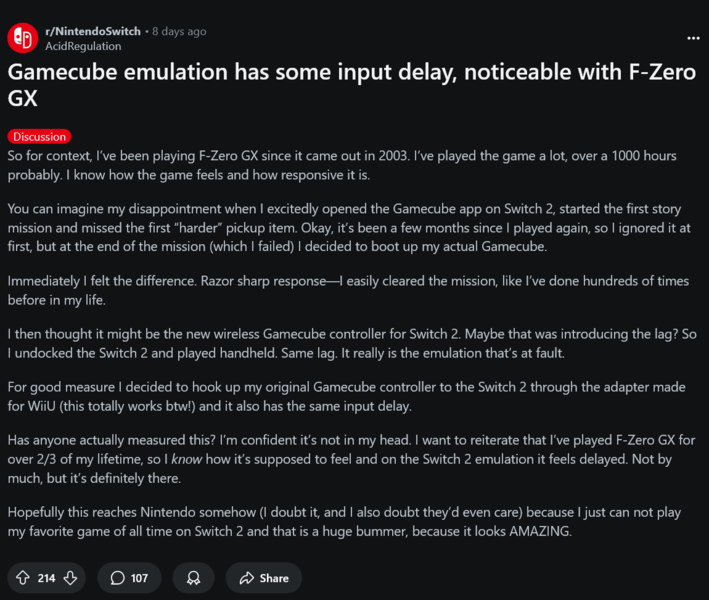 Skargi dotyczące emulatora Switch 2 GameCube (źródło obrazu: zrzut ekranu, subreddit Nintendo Switch)