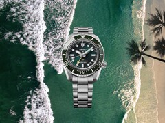 Zegarek dla nurków Seiko Prospex HBC001 z zieloną tarczą i bezelem wyświetlanymi na tle plaży i oceanu.