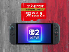 Karta Suneast MicroSD Express 2 TB pokazana nad konsolą Switch 2