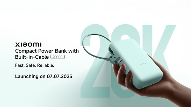 Plakat marketingowy kompaktowego power banku z wbudowanym kablem 20000 w Indiach. (Źródło obrazu: Xiaomi)