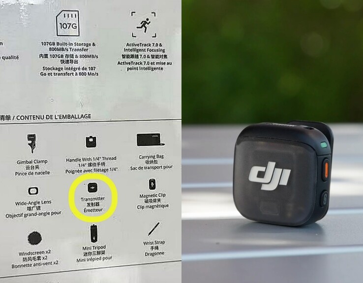 Rzekome pudełko detaliczne DJI Osmo Pocket 4 (po lewej). DJI Mic 3 (po prawej).