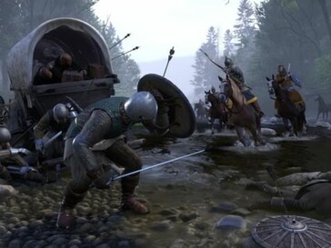 Scena bitwy z Kingdom Come: Deliverance przedstawiająca opancerzonych żołnierzy w zasadzce w pobliżu wagonu w płytkiej wodzie.
