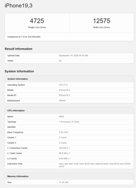 Procesor Apple A20 Pro w teście Geekbench 6.7