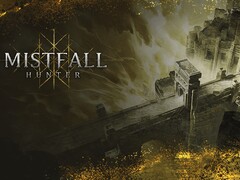 Grafika tytułowa gry „Mistfall Hunter”, przedstawiająca mroczny świat fantasy Gyldenmist.