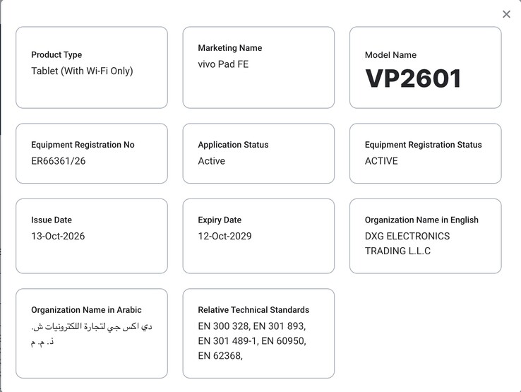Wpis dotyczący Vivo Pad FE w bazie TDRA.