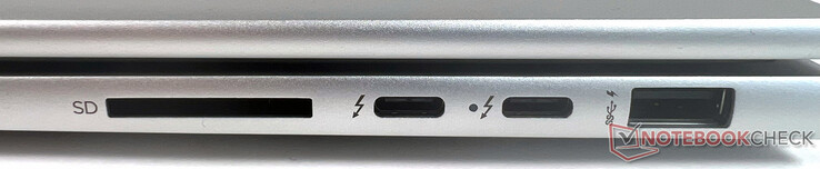Po prawej: 1x SuperSpeed USB Type-A 10 Gbit/s, 2x Thunderbolt 4 z USB 4 Type-C 40 Gbit/s transfer (zasilanie USB, DisplayPort 1.4, HP Sleep and Charge), 1x czytnik kart SD
