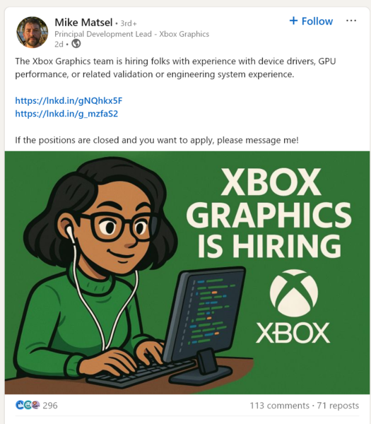 Ogłoszenie Mike'a Matsela na LinkedIn dotyczące stanowiska grafika Xbox (źródło zdjęcia: konto Mike'a Matsela na LinkedIn)