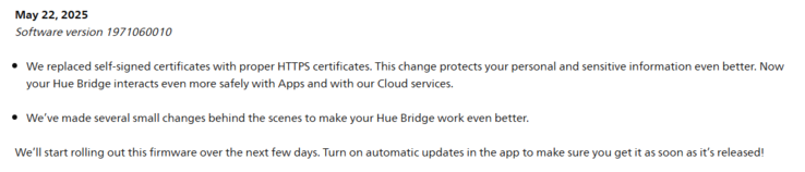 Informacje o wydaniu oprogramowania Philips Hue Bridge w wersji 1971060010. (Źródło obrazu: Philips)