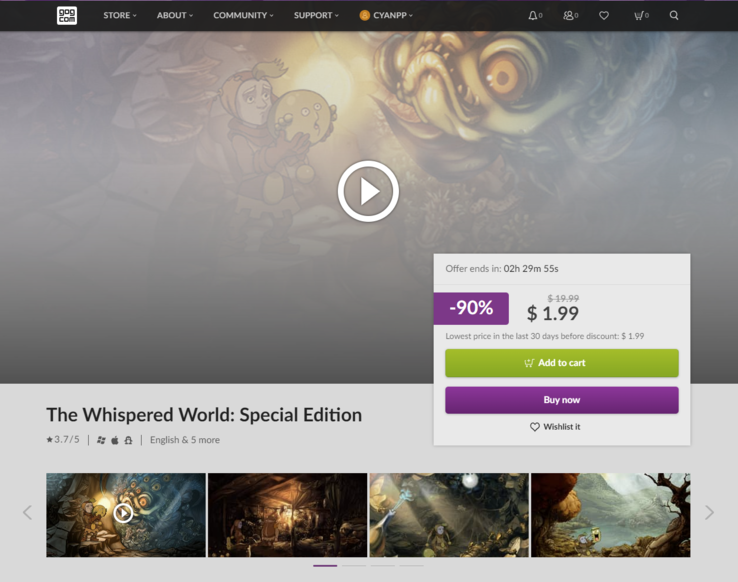 The Whispered World: Special Edition jest obecnie przeceniona na 1,99 USD, ale jeśli wierzyć przeciekom, stanie się darmowa 12 grudnia o 15:00 czasu środkowoeuropejskiego. (Źródło obrazu: GOG)