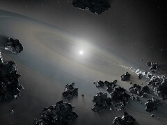 Ilustracja przedstawiająca liczne asteroidy.