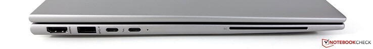 Po lewej: HDMI 2.0, USB-A 3.2 Gen.1 (5 GBit/s, Powered), 2x USB-C 4.0 z Thunderbolt 4 (40 GBit/s, DisplayPort-ALT mode 1.4, Power Delivery 3.0), czytnik SmartCard