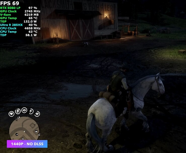 Red Dead Redemption 2 działa w rozdzielczości 1440p bez DLSS na Minisforum MS-02 Ultra z niskoprofilową kartą graficzną RTX 5060 (źródło obrazu: YouTube/ETA Prime)