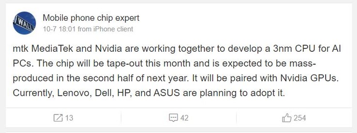 Użytkownik Weibo twierdzi, że Nvidia i MediaTek wkrótce rozbiją imprezę procesorów klasy desktop. (Źródło zdjęcia: Mobile Chip Expert via Weibo)
