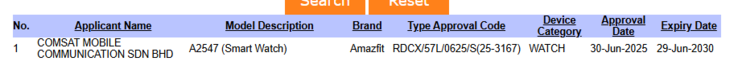 Zrzut ekranu z bazy danych SIRIM przedstawiający smartwatch Amazfit o numerze modelu A2547. (Źródło obrazu: SIRIM)