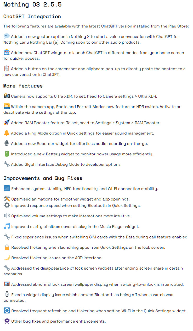 Pełny dziennik zmian Nothing OS 2.5.5 dla Phone 2 (źródło obrazu: Nothing)