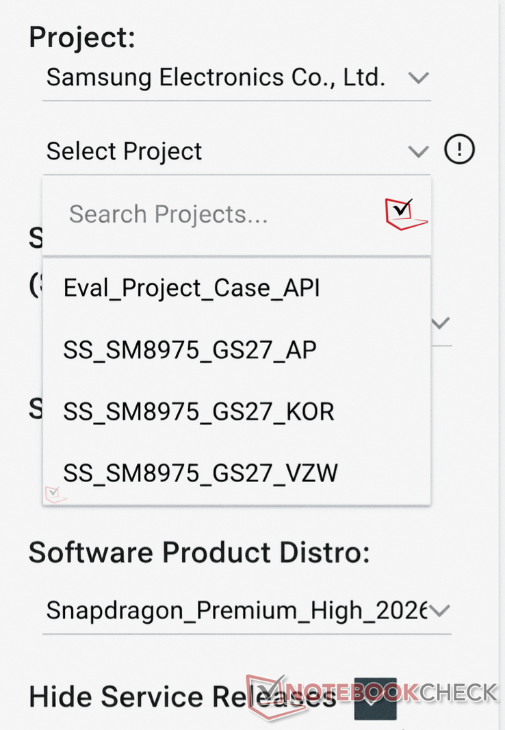 Lista projektów firmy Samsung przedstawiająca regiony, w których obecnie testowany jest układ SM8975