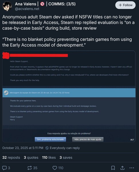 Odpowiedź Steam na prośbę o wczesny dostęp do gry dla dorosłych (zrzut ekranu, konto Ana Valens Bluesky)