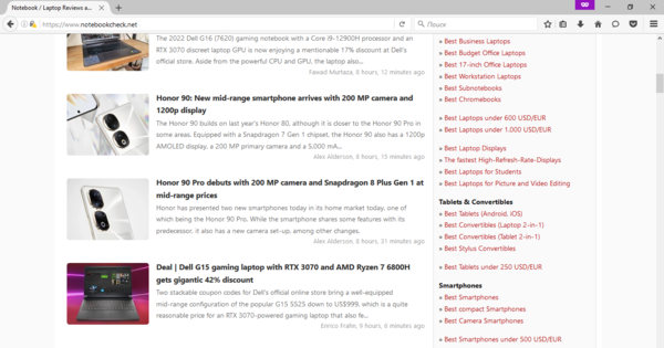 Przeglądanie Notebookcheck.net w przeglądarce Firefox 48 na Windows 10 (Źródło obrazu: zrzut ekranu)