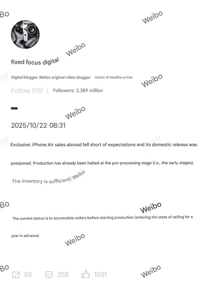 Popyt na iPhone'a Air nie spełnił oczekiwań poza Chinami. (Źródło obrazu: Weibo)