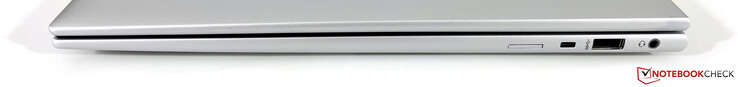 Po prawej stronie: Gniazdo Nano-SIM (opcjonalne dla modeli WWAN), gniazdo bezpieczeństwa Kensington Nano, USB-A 3.2 Gen.1 (5 GBit/s, zasilane), 3,5 mm stereo