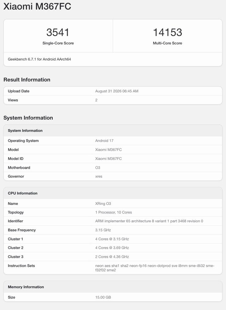 Wpis w serwisie Geekbench dotyczący rzekomego modelu Xiaomi Pad 9 Pro Max.