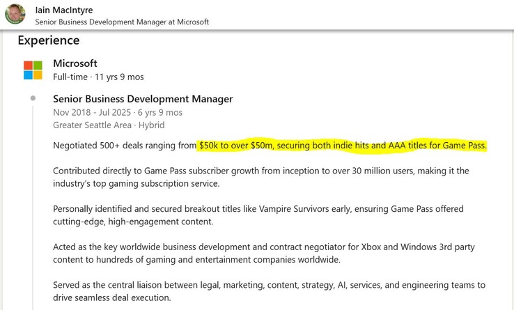 Umieszczanie w usłudze Xbox Game Pass gier innych producentów wiąże się z wysokimi kosztami. (Źródło obrazu: LinkedIn)