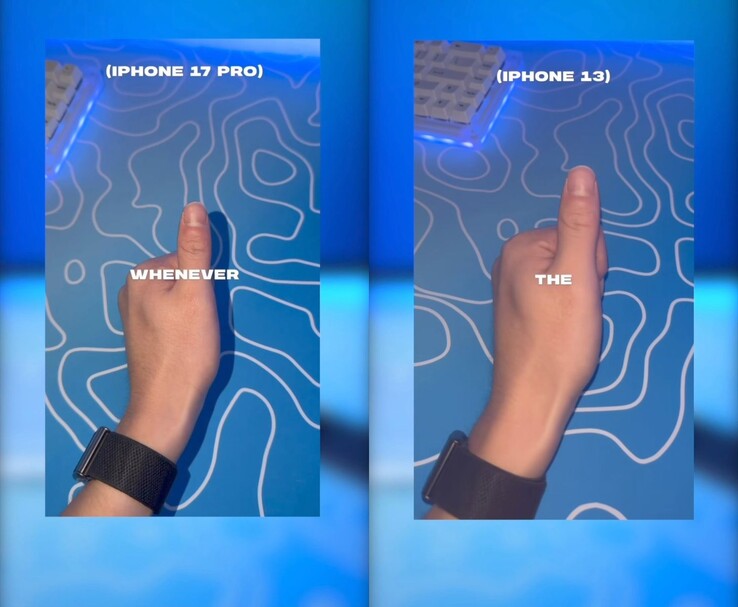 porównanie iPhone'a 17 Pro i iPhone'a 13 z lampą błyskową pokazujące cień na kciuku w ujęciu 17 Pro. (Źródło zdjęcia: marcustechnology via Instagram)