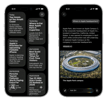 Najwyraźniej Apple planuje zadebiutować zupełnie nową aplikacją Siri, która zawiera listę rozmów (po lewej) i chatbota podobnego do ChatGPT.